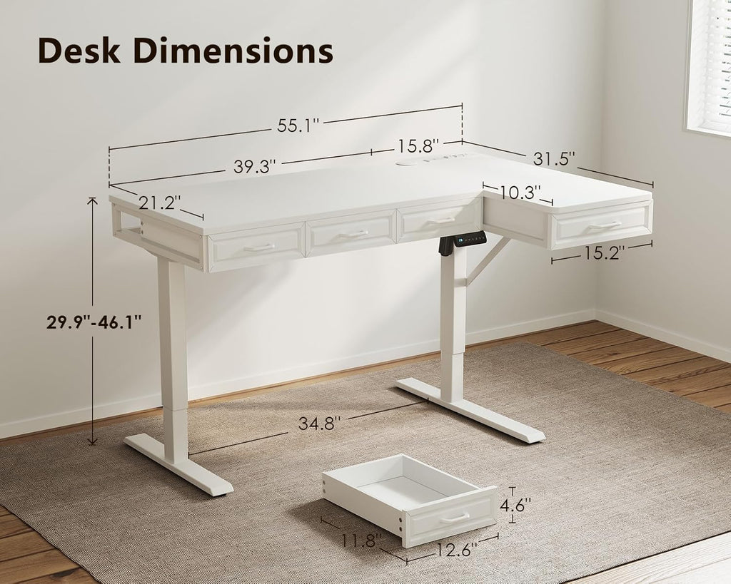 55 Inch L Shaped Standing Desk with 4 Wooden Drawers, White | Reversible Corner Table, Office Table With 4 Wooden