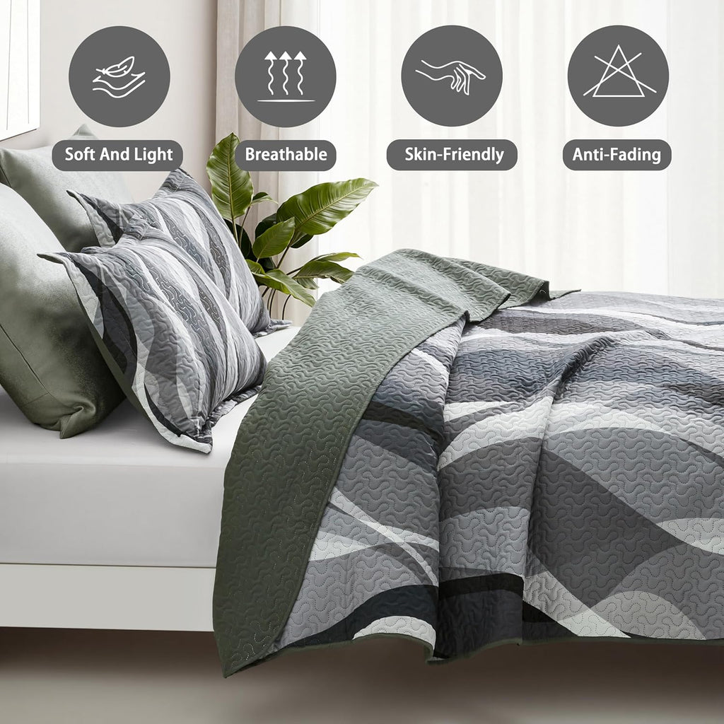 Weesire Classic Line Pattern Bedding Quilt Queen Modern Grey Black and White Stripe Quilt with 2 Shams