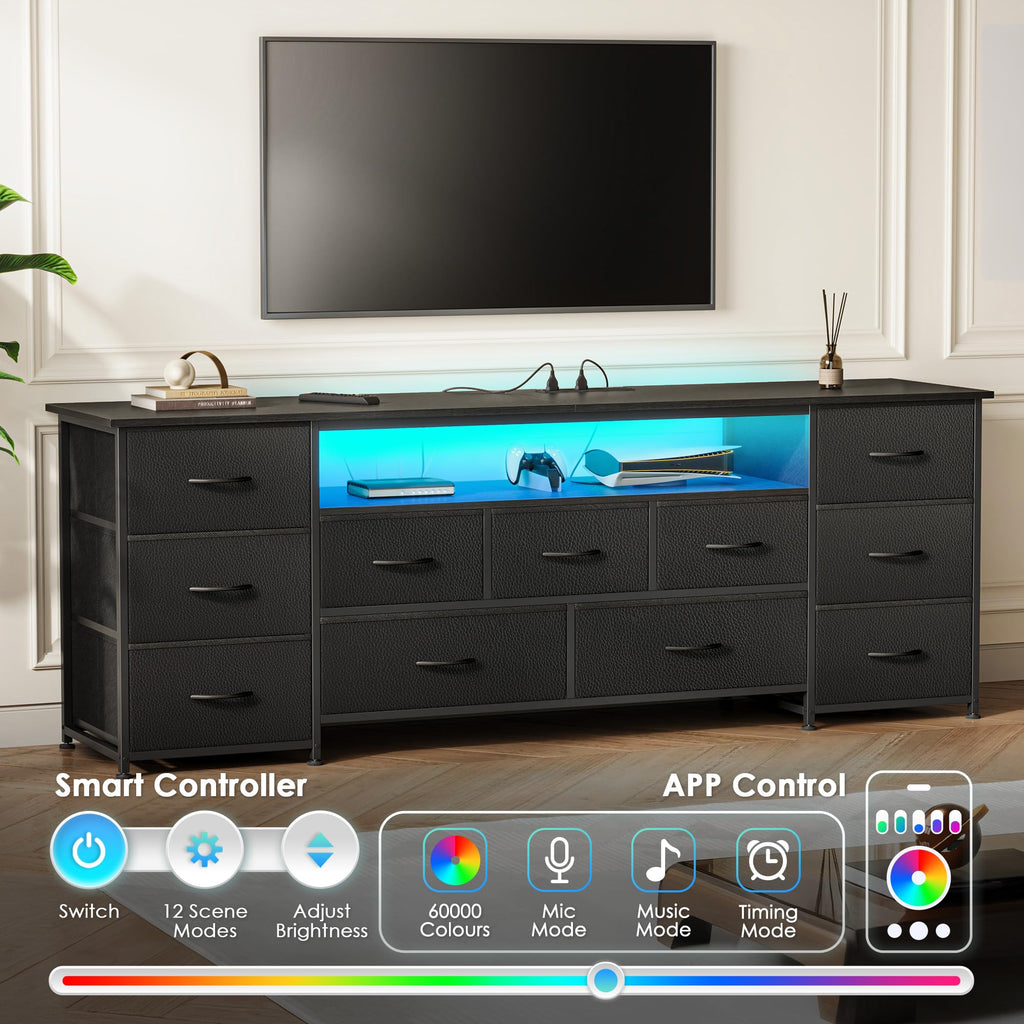 63 Inch TV Stand for 65, 70 Inch TV, 11 Drawer Long Dresser with Power Outlets and LED Lights, Entertainment Center