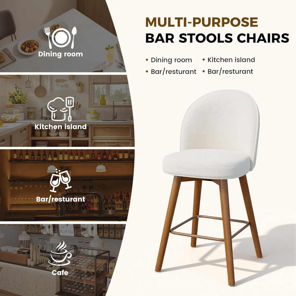 Modern Swivel Bar Stools Set of 2, Chic Upholstered Counter Height（26IN） Bar Chair with Back, Solid Wood Legs