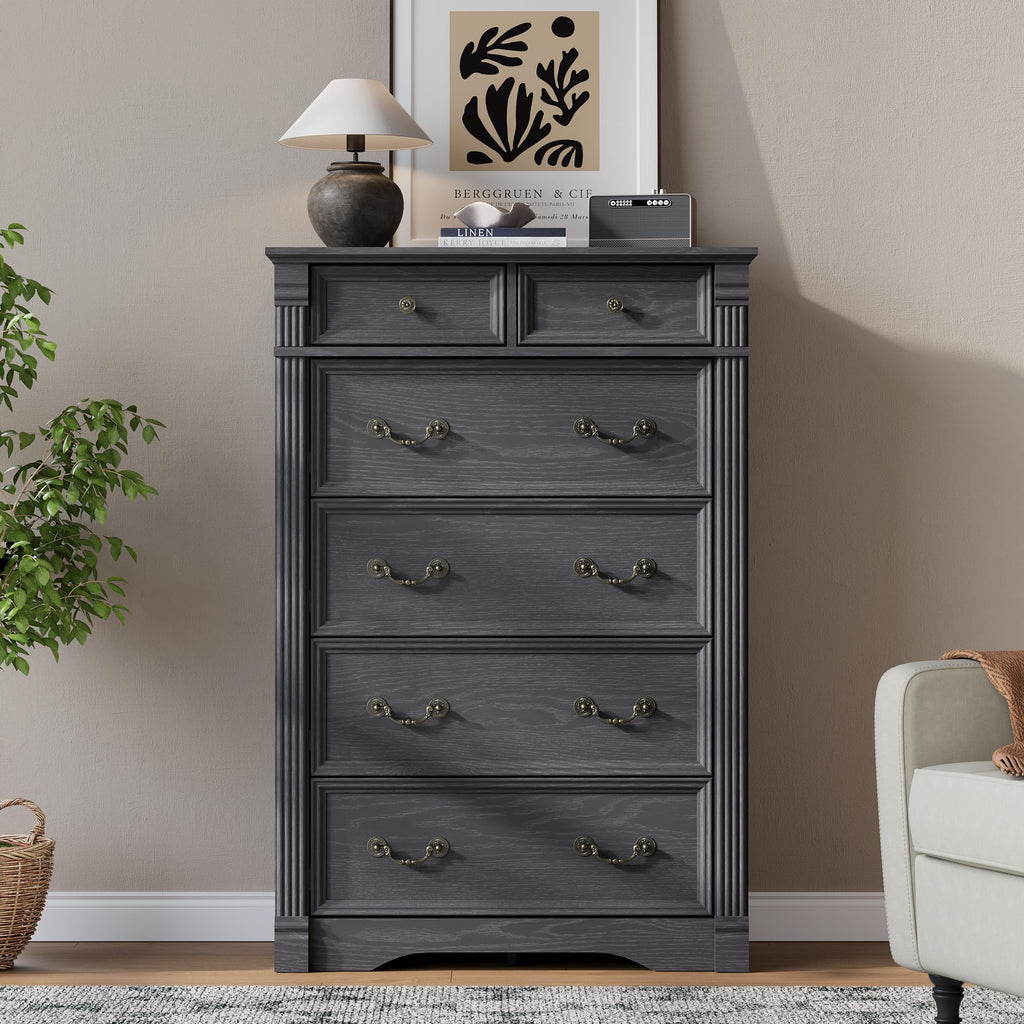 Grey 6 Drawer, 47" Tall, Wood Rustic Chest of Drawers with Chic Wood Pilasters, Dressers Organizer