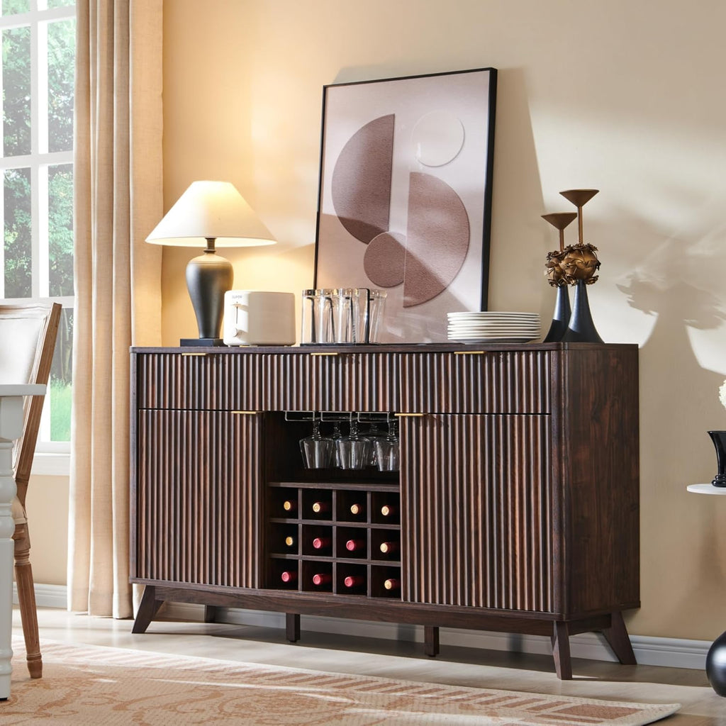 60" Fluted Wine Bar Cabinet, Mid-Century Modern Sideboard, Dark Walnut | 3 Spacious Drawers, 3 Stemware Racks, 12