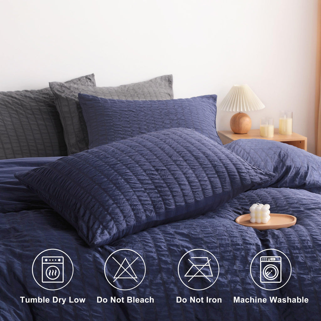 Duvet Cover Set - 2 Piece Seersucker Textured Stripe Washed Microfiber Bedding with Zipper Closure, Soft