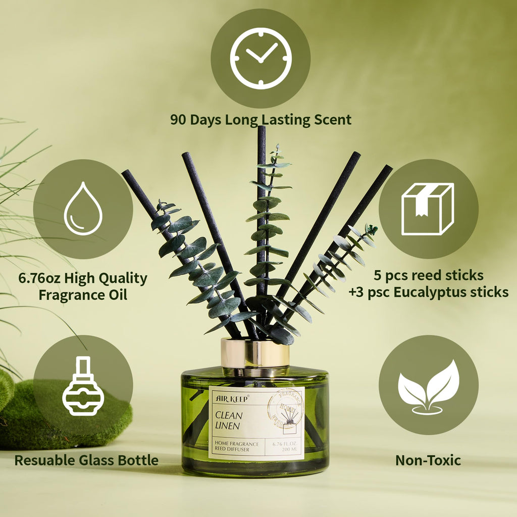 Reed Diffuser Set with 6.76 fl oz Clean Linen Scent Essential Oils and 3 Leaves & 8 Diffuser Sticks, Bathroom Shelf