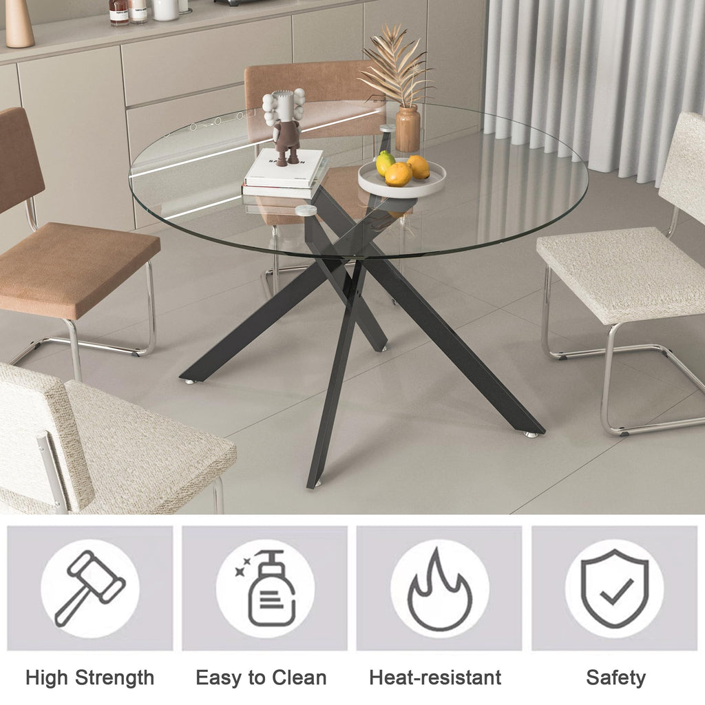 47" Round Dining Table Set for 6, Modern Silver Glass Kitchen Dining Room Table Set for 6, 7-Piece Dining Table Set