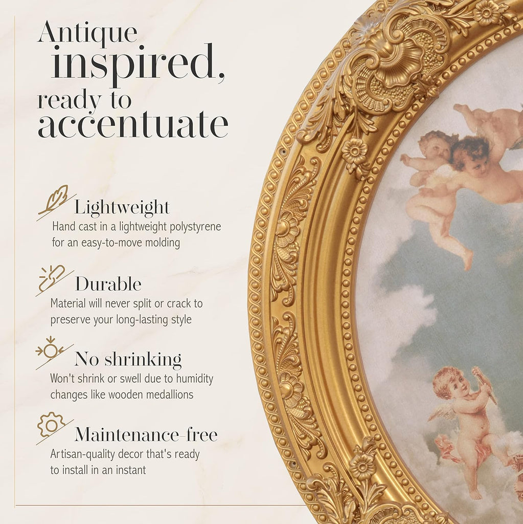 Antique Cherubs Sky Gold Trim Round Chandelier Ceiling Medallion for Home Improvement 36 Inch Diameter Polystyrene