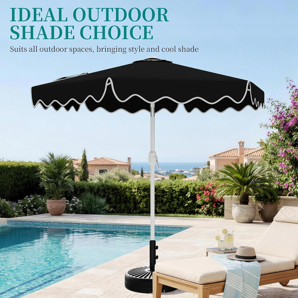 Patio Umbrella with Wavy Trim, UV-Fade-Resistant Canopy, Crank & Tilt - Black 7.5ft