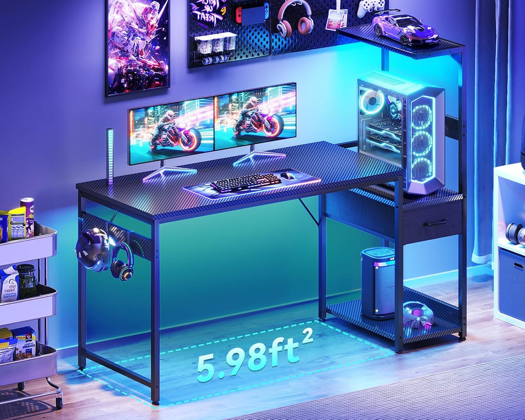 54'' Gaming Desk with LED Lights & CPU Stand, Reversible Computer Desk with Storage Shelves & Fabric Drawer, Modern