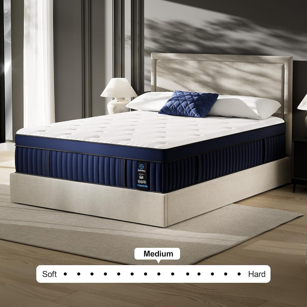 14 Inch Cal King Mattress with Ice Silk Cover, Euro Top Hybrid Gel Memory Foam with 7-Zone Pocketed Coils, Medium