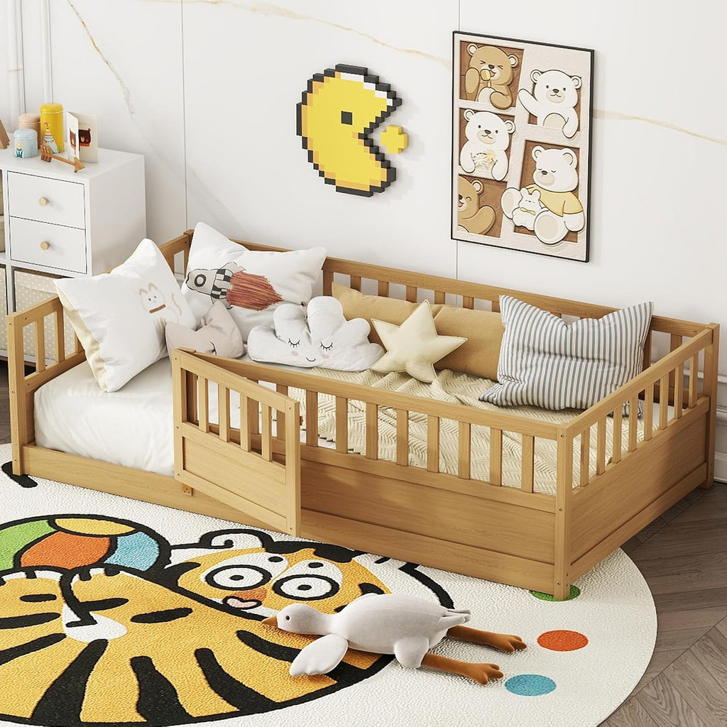 Montessori Floor Bed with High Fence, Slats and Door, Natural
