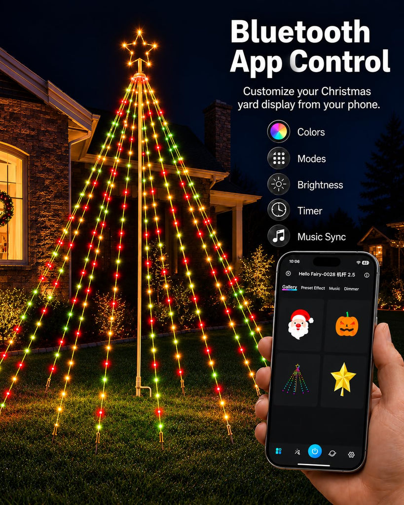 12FT Smart Outdoor Christmas Tree Lights with Sturdy Iron Pole