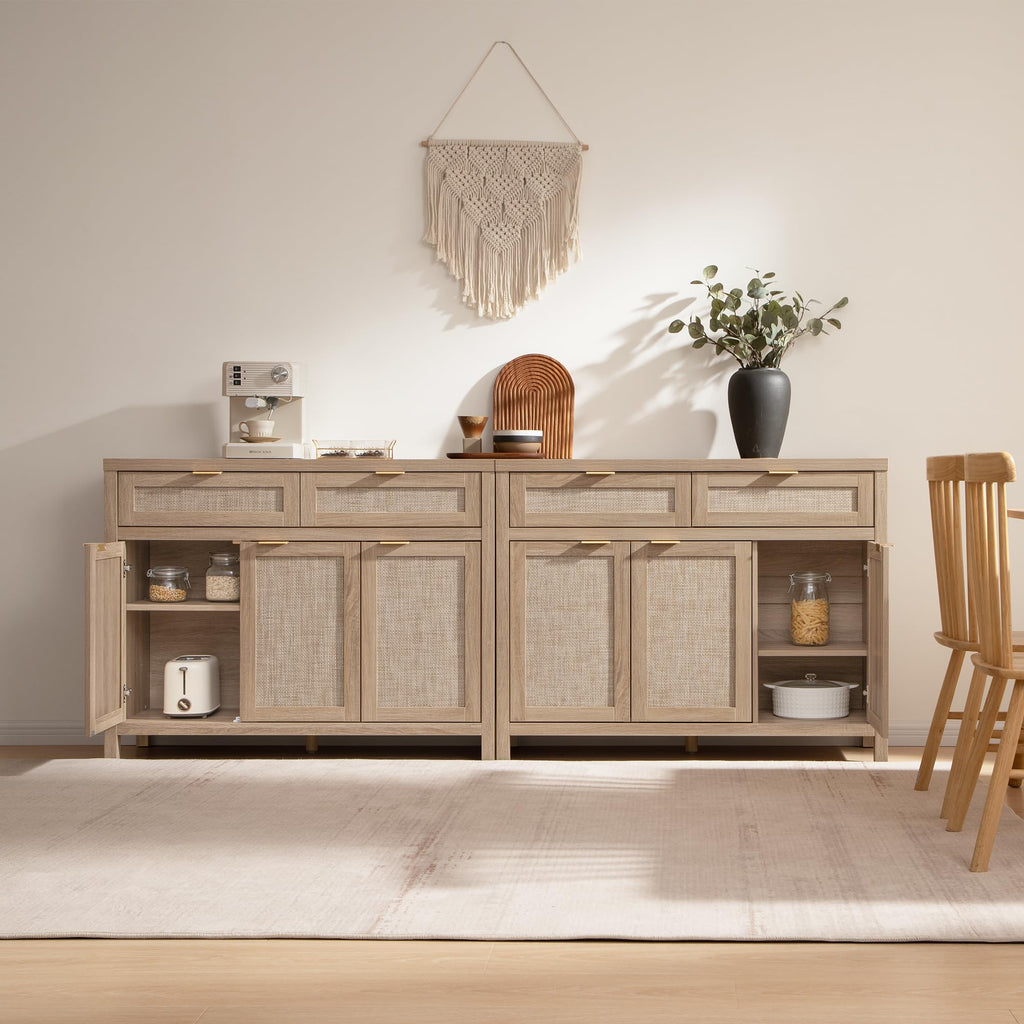 Rattan Sideboard Buffet Cabinet with Storage, Boho Credenza Accent
