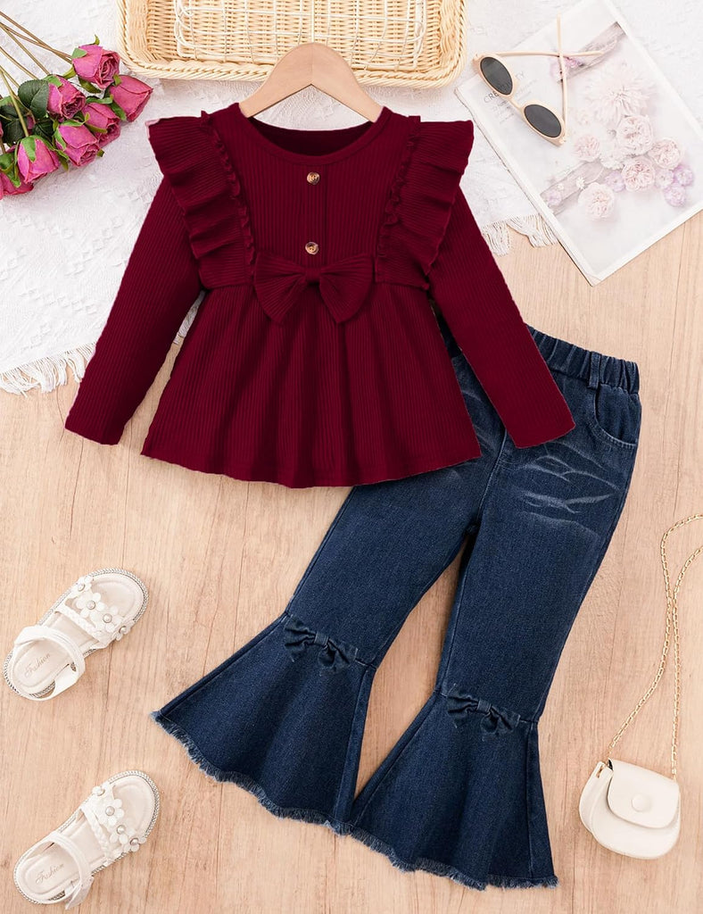 Toddler Girl Clothes Solid Color Ruffle Bowtie Top and Flare Pants 2Pcs Winter Fall Girl Outfits