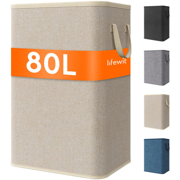 80L Large Laundry Basket with Handles, Beige