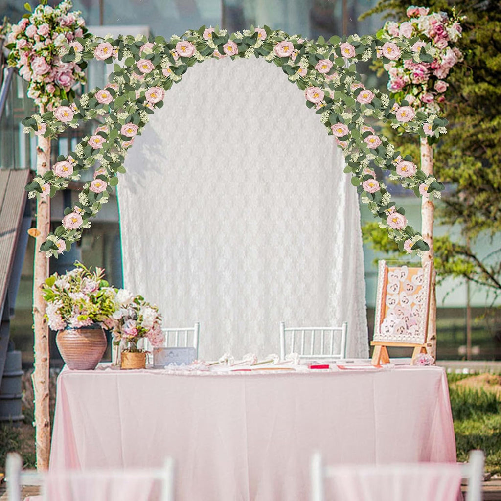 Pink 6.6Ft Artificial Eucalyptus Flower Garland with Fake Rose Flower Vine Seeded Eucalyptus Leaves Greenery - Set of 2