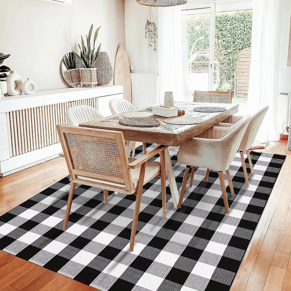 Buffalo Plaid Outdoor Rug Washable Rugs,Black and White Checkered Rug,Cotton Hand-Woven Indoor or Outdoor