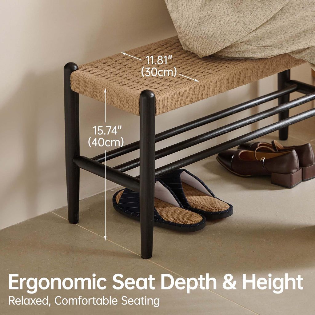 Solid Wood Shoe Bench, Woven Shoe Rack Bench Assembled, 11.8" x 23.6" x 16.1", Oak Wood, Natural