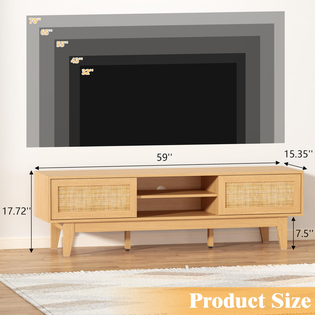 Oak Boho TV Stand for 55-70 inch, Entertainment Center with Rattan Design