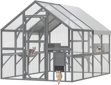 Large Wooden Outdoor Cat House, 57.2ft2 Cat Run Enclosure Walk in Catio Kitten Condo with 2 Doors, 2 Playpen & Hiding