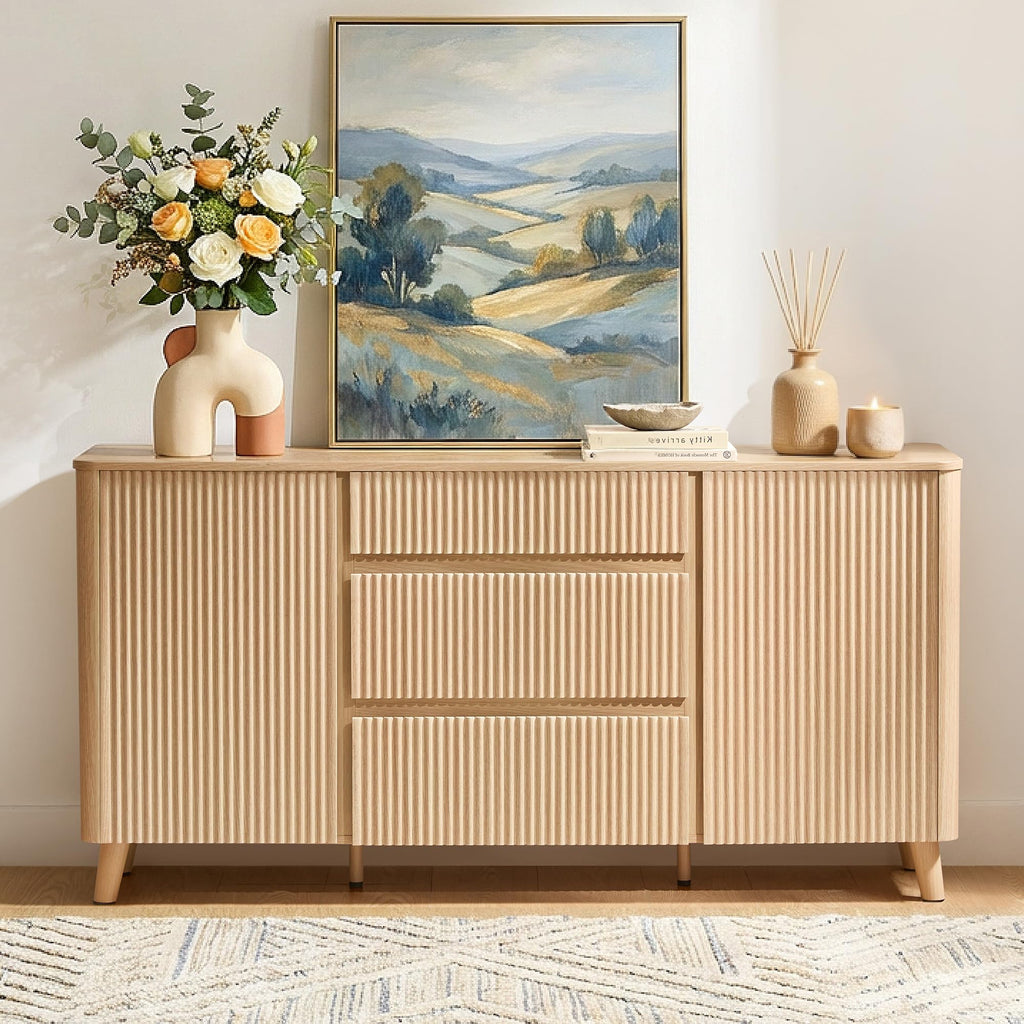62" Fluted Sideboard Buffet Cabinet with 3 Drawers, Oak