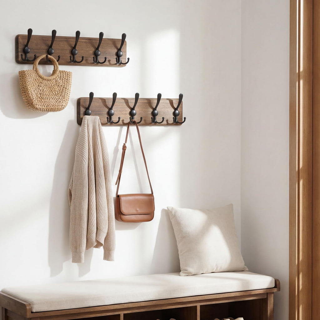 Rustic Coat Rack Wall Mount, Solid Wood Coat Hooks Wall Mounted Coat Hanger, 16" Hole to Hole, Hook Rack Rail, 5 Triple