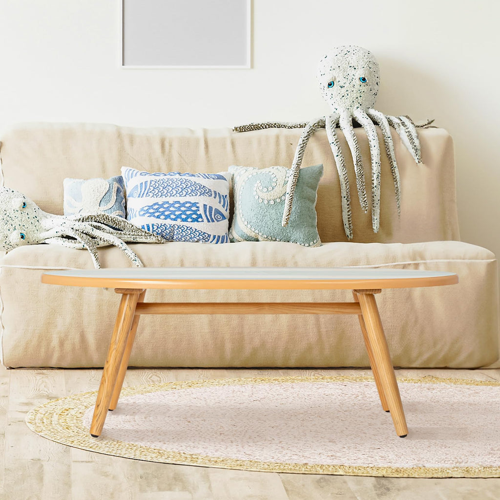 Coastal Decorative Surfboard Coffee Table, Stripe Overlaid On Natural Wood