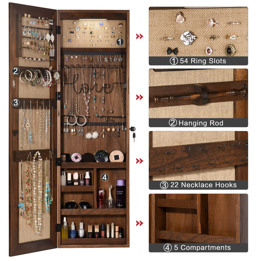 Dark Brown Jewelry Cabinet with Full Length Mirror, Solid Wood