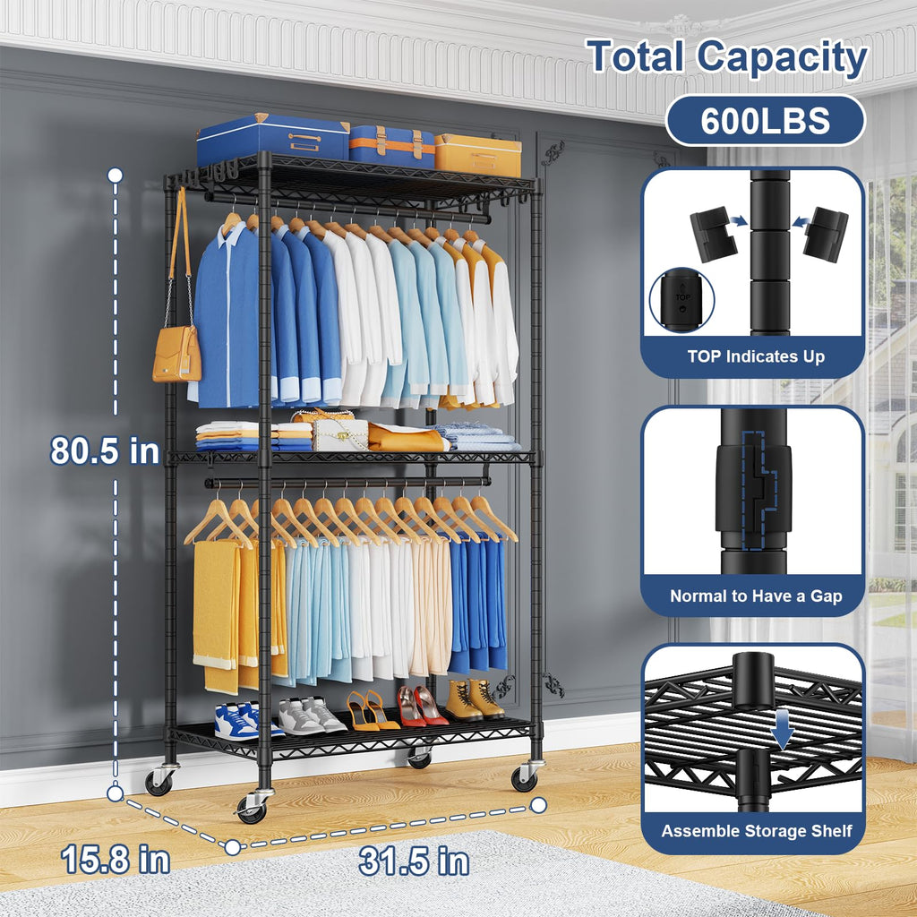 P8 Heavy Duty Clothes Rack(With Extended Width Design) Rolling Clothing Racks for Hanging Clothes, Portable Garment