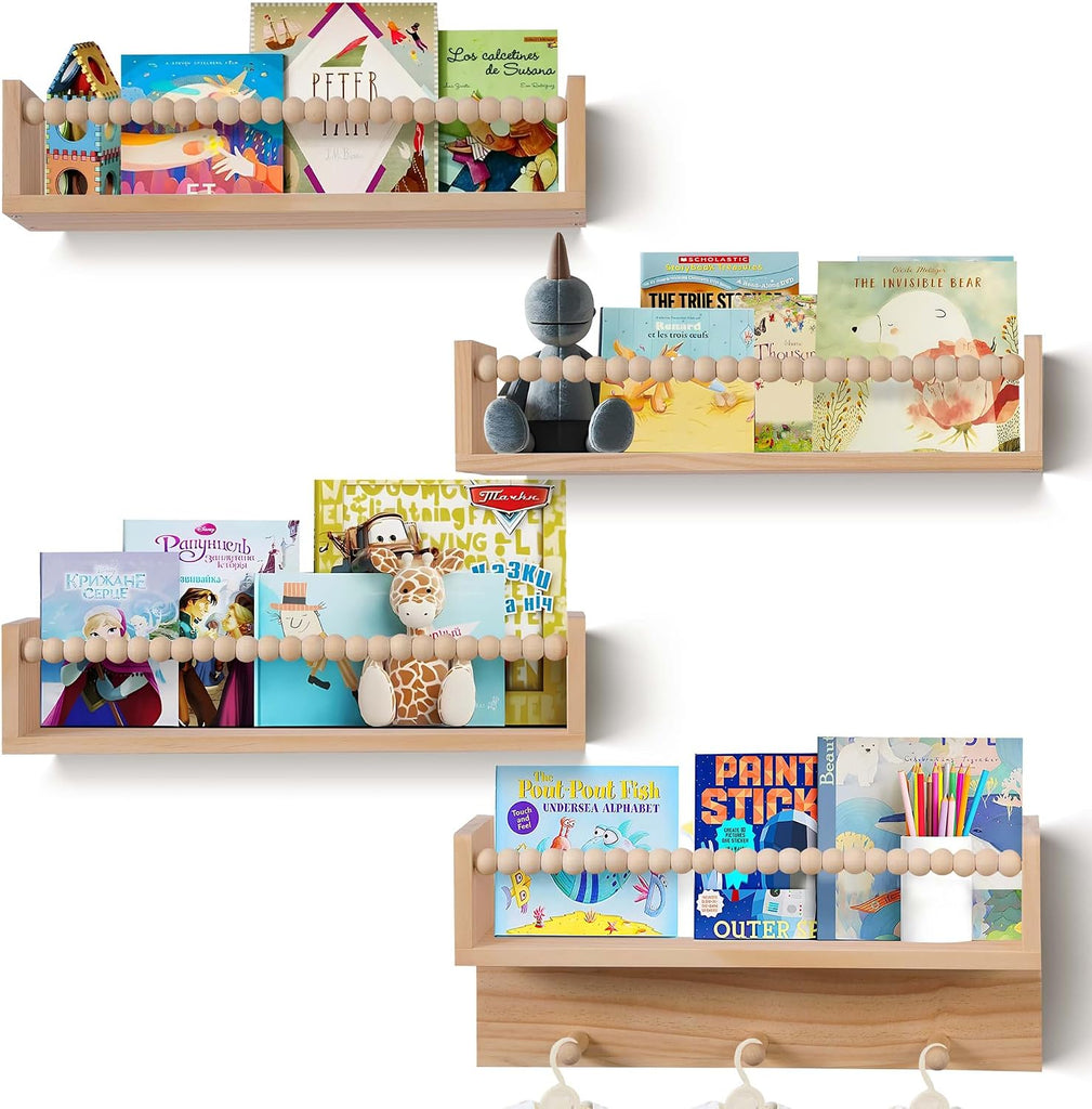 Wall Bookshelves,Set of 4 Natural Wood Floating Bookshelf,Nursery Shelves,Floating Book Shelves for Wall(Burlywood)
