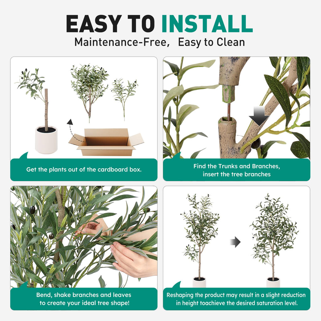 Olive Tree Artificial Indoor, 4ft Tall Silk Faux Olive Tree with White Planter, Artificial Plants with Natural Wood