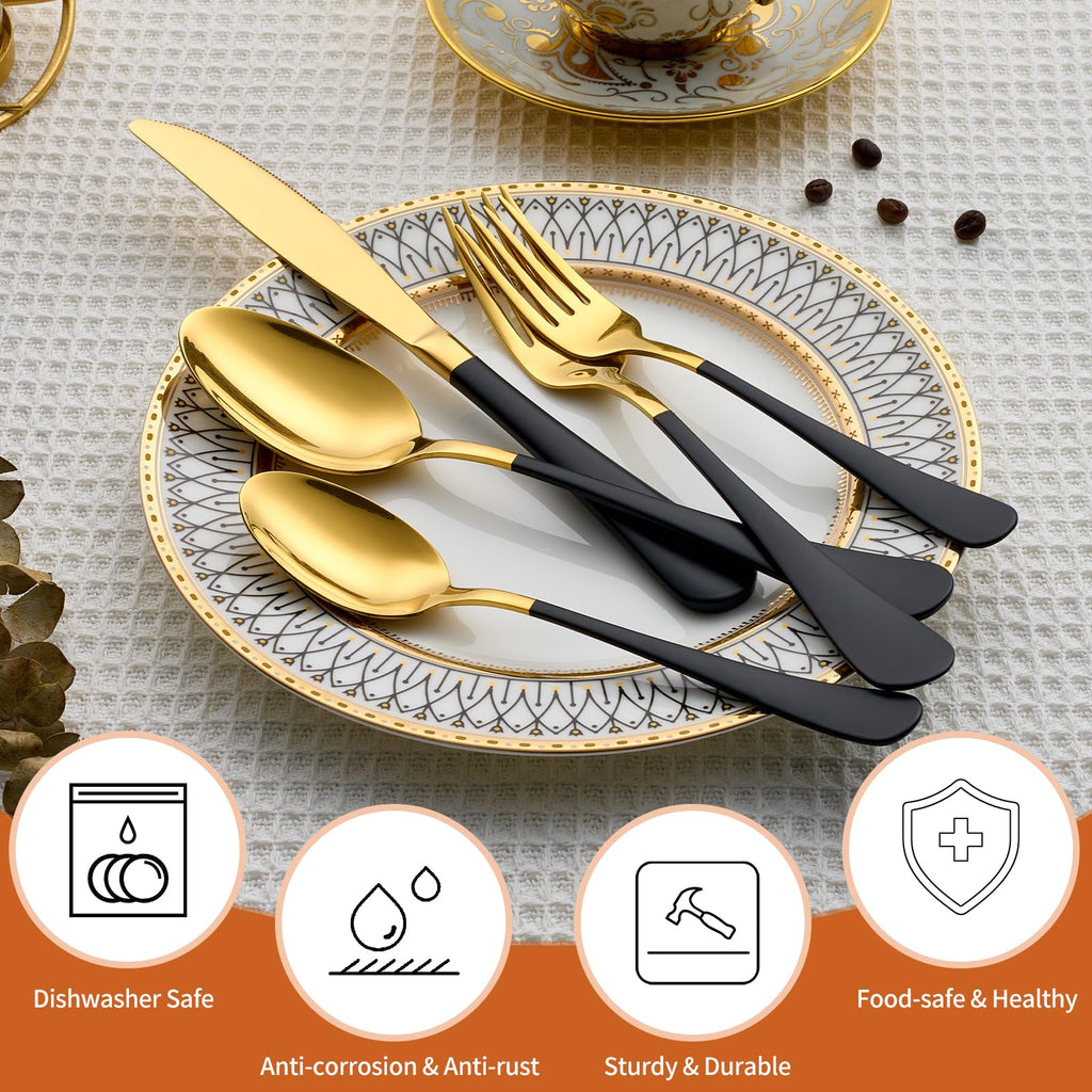 20 Piece Gold and Black 18/0 Flatware Utensil Set for 4, Include Dinner Knife,Dinner Forks,Dinner Spoons,Salad