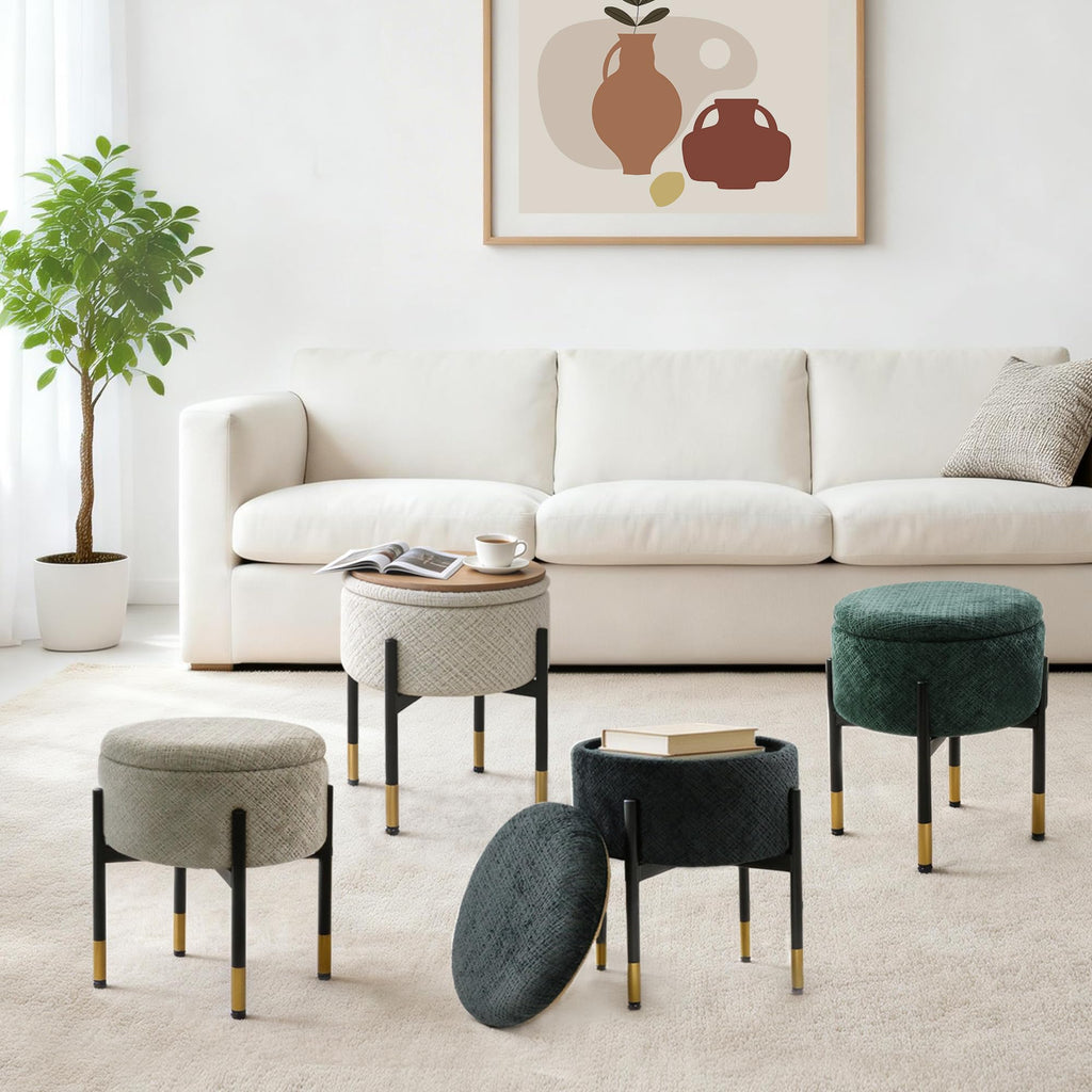 Round Ottoman with Storage, Velvet Makeup Vanity Stool, Small Ottoman Foot Stool with Coffee Table and Metal Legs