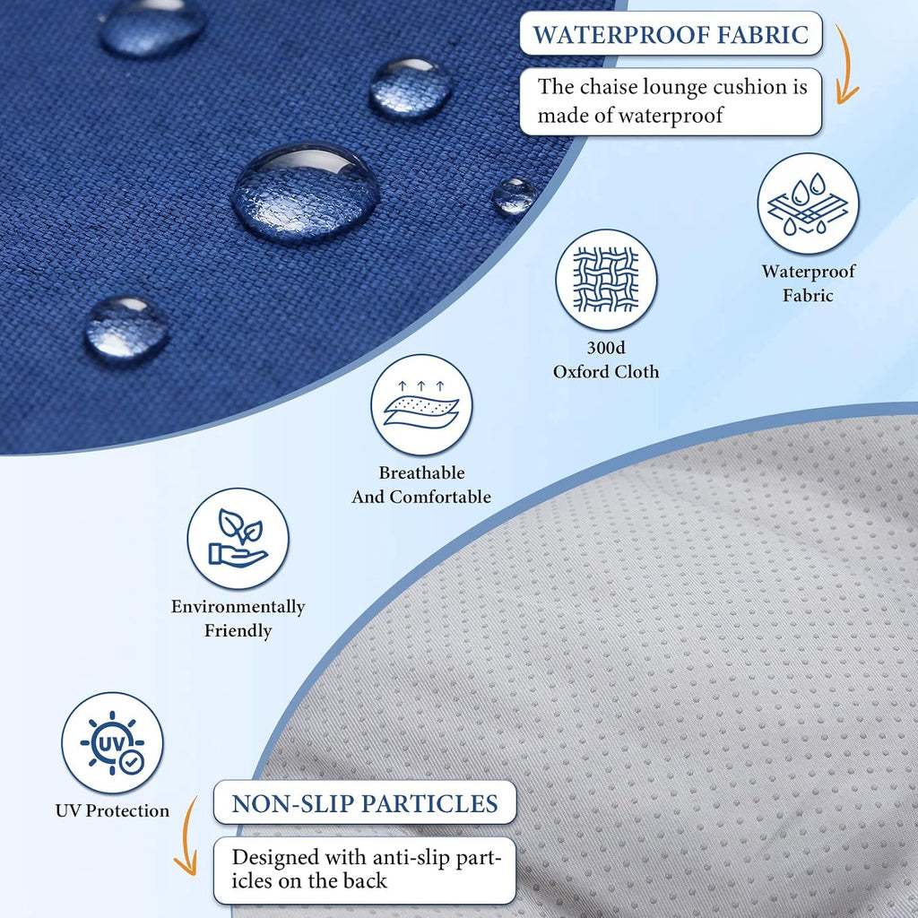 Outdoor Chaise Lounge Chair Cushion, 76"x22"x4.7", Dark Blue | Waterproof Memory Foam Thickened Pool Lounge Chair