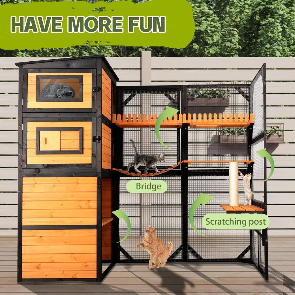 Large Wooden Catio Outdoor Cat Enclosure with 4-Tier Design