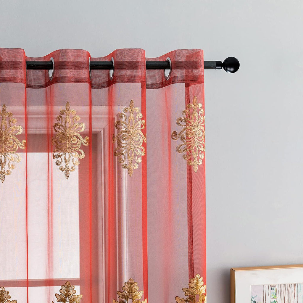 Luxury Embroidered Sheer Curtains for Living Room Burgundy Red Tulle Curtains for Bedroom Transparent Yarn Curtain