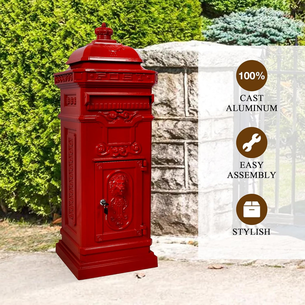 Vintage Large-Capacity Cast Aluminum Mailbox, Outdoor Weatherproof Floor Standing Postbox