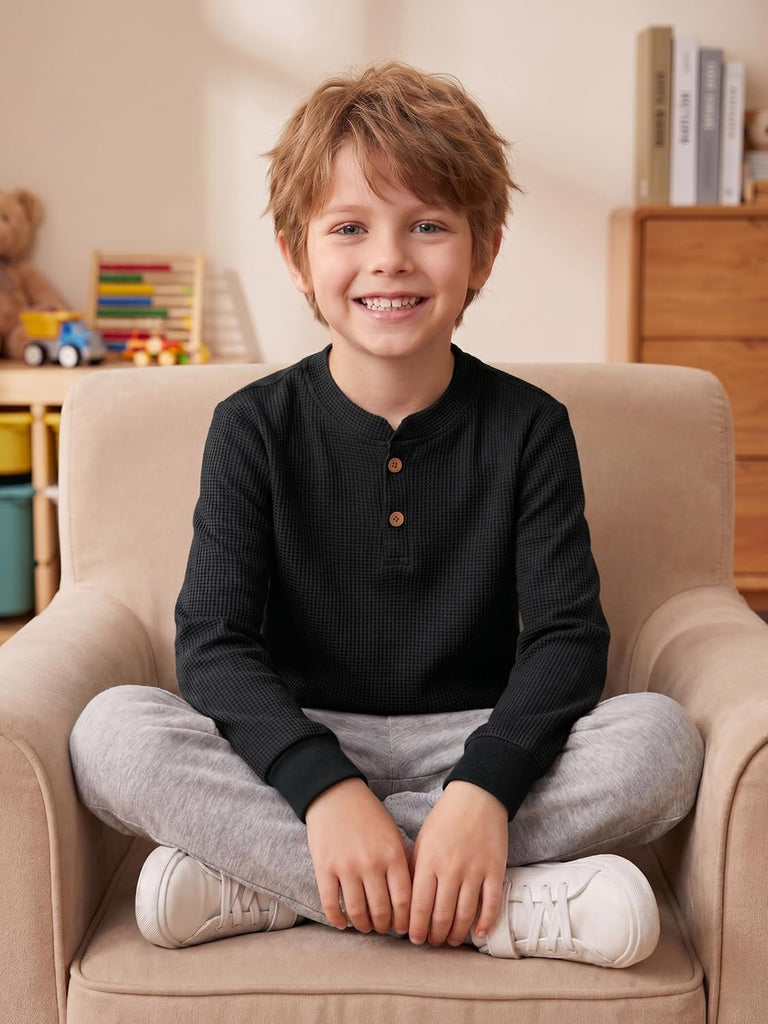 4 Pack Boys Long Sleeve Thermal Henley Shirt Boys Long Sleeve Shirts Waffle Henley Knit Thermal Tops for Daily Wear