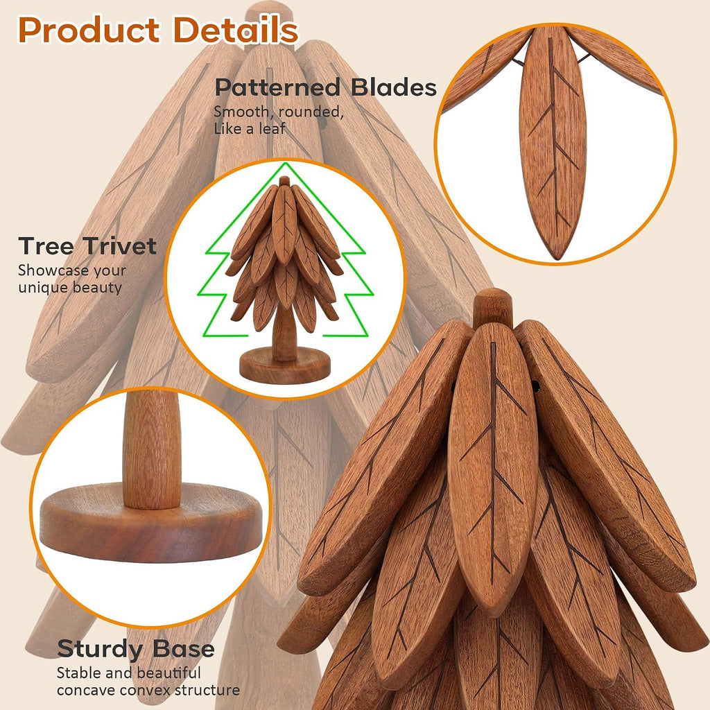 Wooden Trivets for Hot Dishes, Tree Shape Trivet Set, 4 Collapsible Trivet with 1 Stand, Suitable for Hot Pots Pans - Set of 4