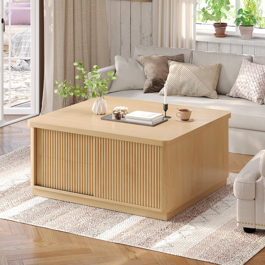 39.4'' Lift Top with Storage, Fluted Coffee Tables, Square with Large Hidden Compartment & 2 Drawrs & Adjustables