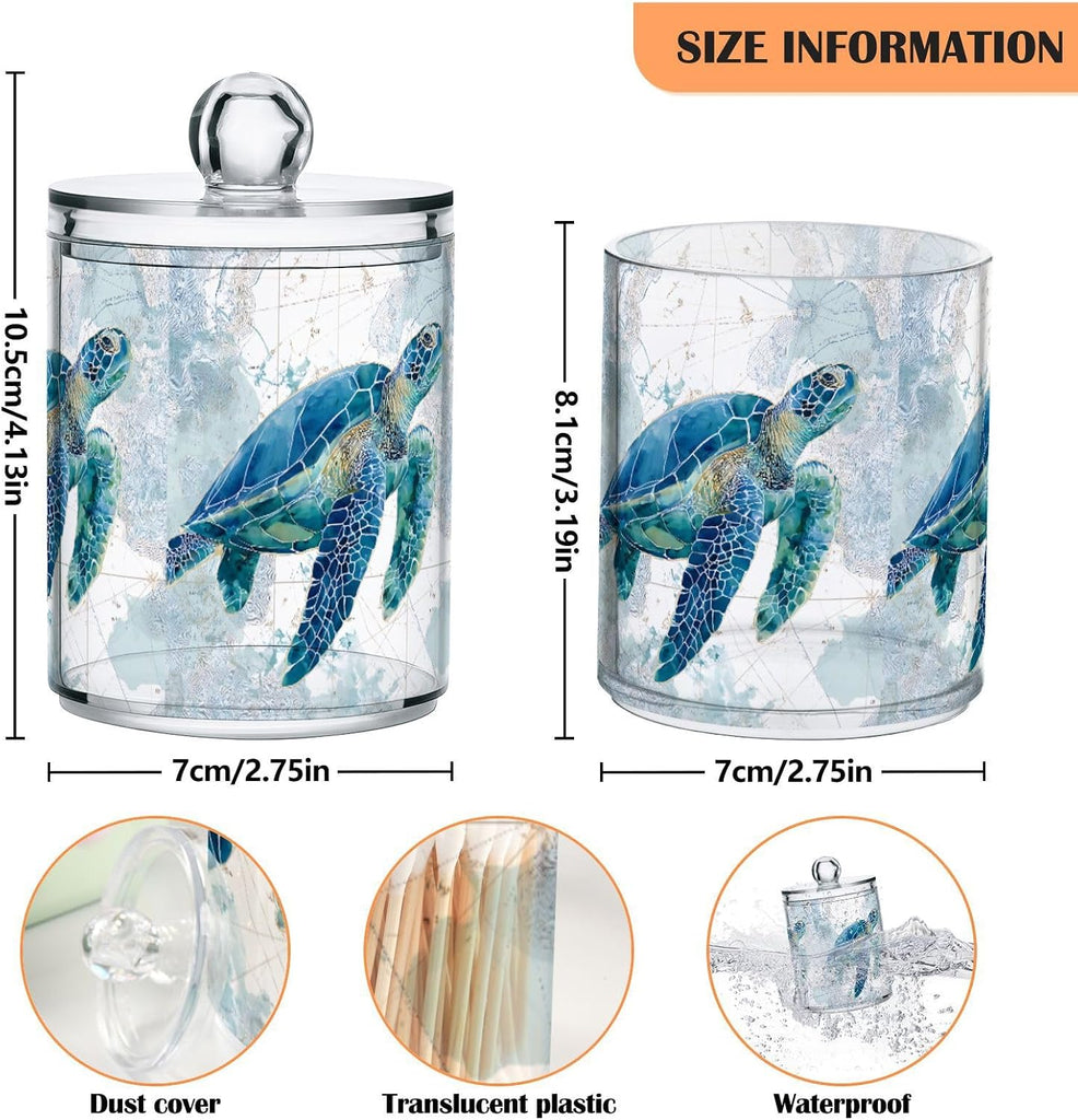 Sea Turtle Pattern Apothecary Jars with Lid, 10 Oz Clear Plastic Apothecary Jar Set Qtip Holder Storage - Set of 2