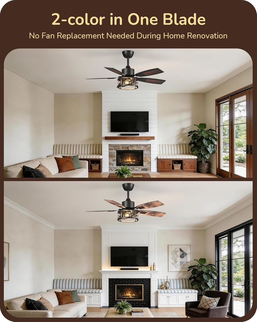 42" Farmhouse Ceiling Fans with Lights and Remote, 10%-100% Dimmable, Reversible DC Motor, 6 Speed, 5 Wooden Blades