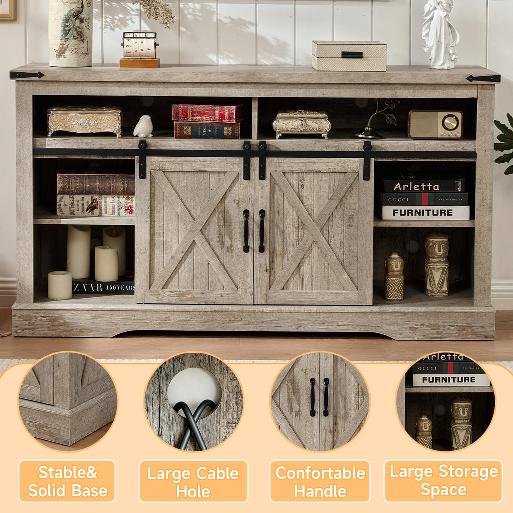 58" Fireplace TV Stand for TV up to 65 Inch with Farmhouse Sliding Barn Doors, Highboy Entertainment Center with
