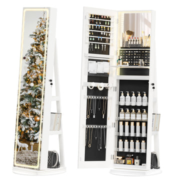 LED Mirror Jewelry Cabinet Standing, 360° Swivel Jewelry Armoire, White