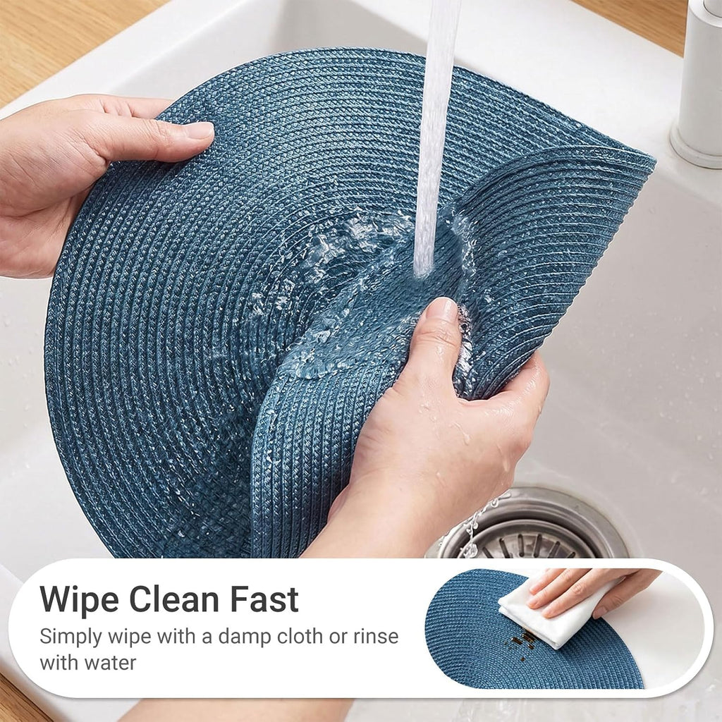 Round Braided Placemats Table Mats for Dining Tables Woven Washable Non-Slip Place mats 15 in(Blue, ) - Set of 6
