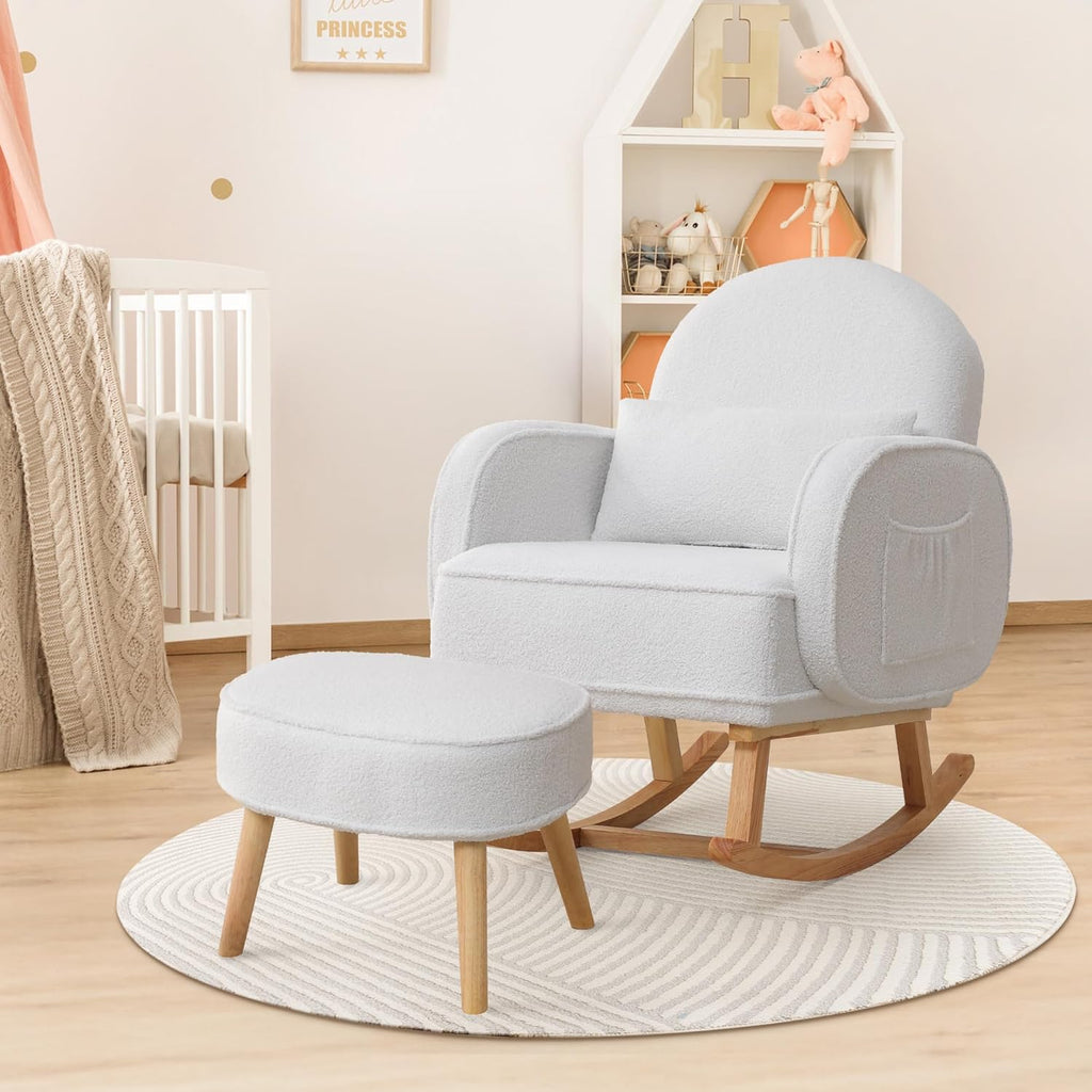 Rocking Chair Nursery with Ottoman Footrest, Upholstered Glider Rocker with High Backrest and Side Pocket, Rocking
