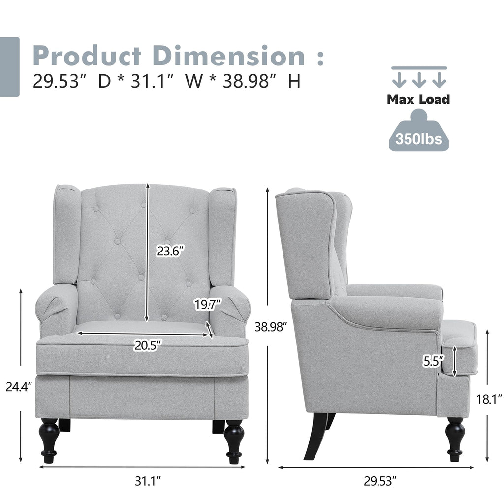 Accent Chair, Mid Century Modern Upholstered Armchair, Wingback Chair with Tufted High Back and Solid Legs, Comfy