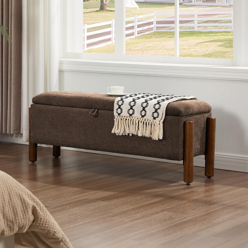 47'' Modern Storage Ottoman Benches with Walnut Wood Legs Ottoman Bench with 22 Gallons Storage Space Fabric