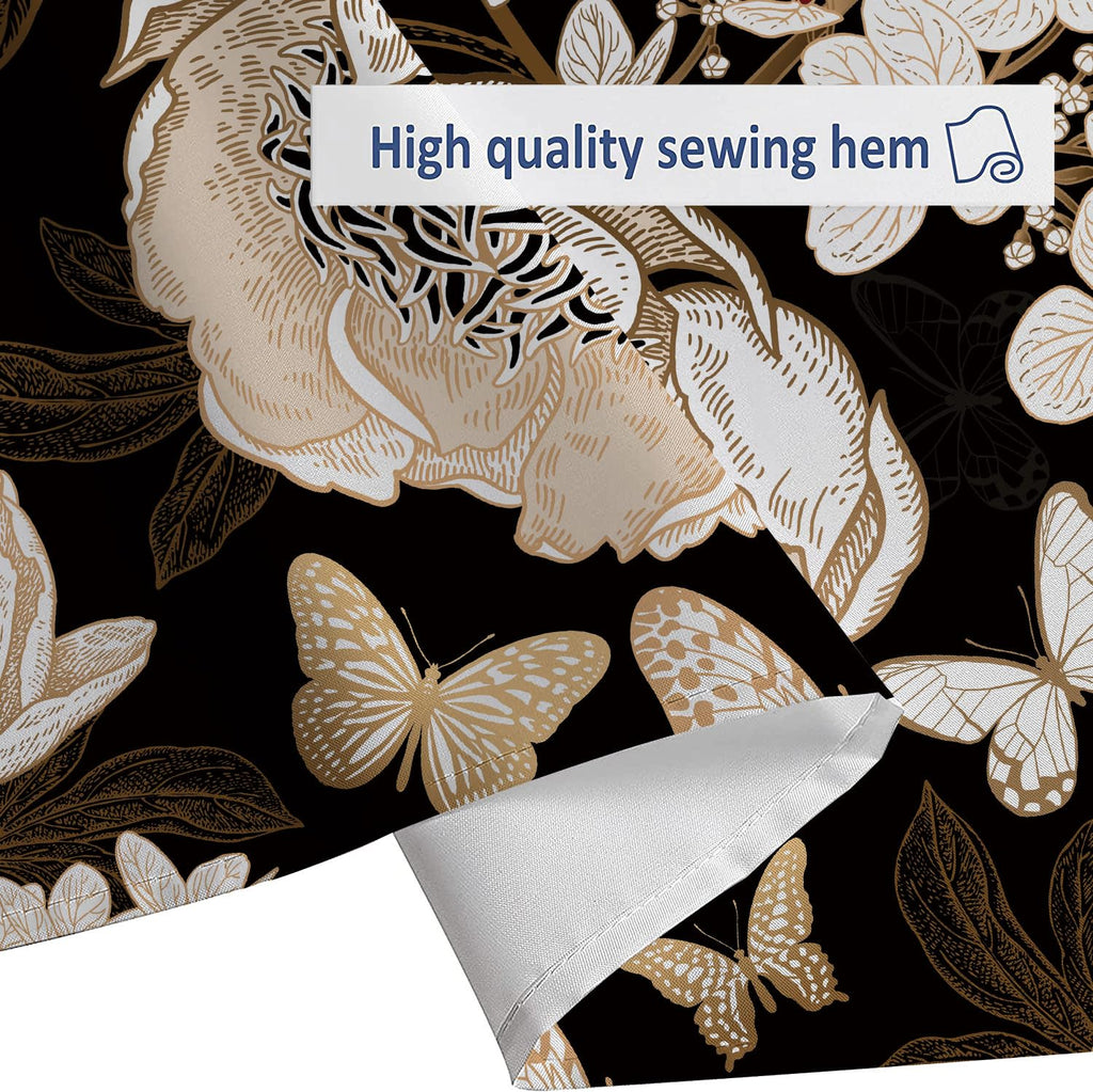 Black and Gold Floral Butterfly Shower Curtain, Boho Dark Flowers Botanical Aesthetic Shower Curtain with Hook