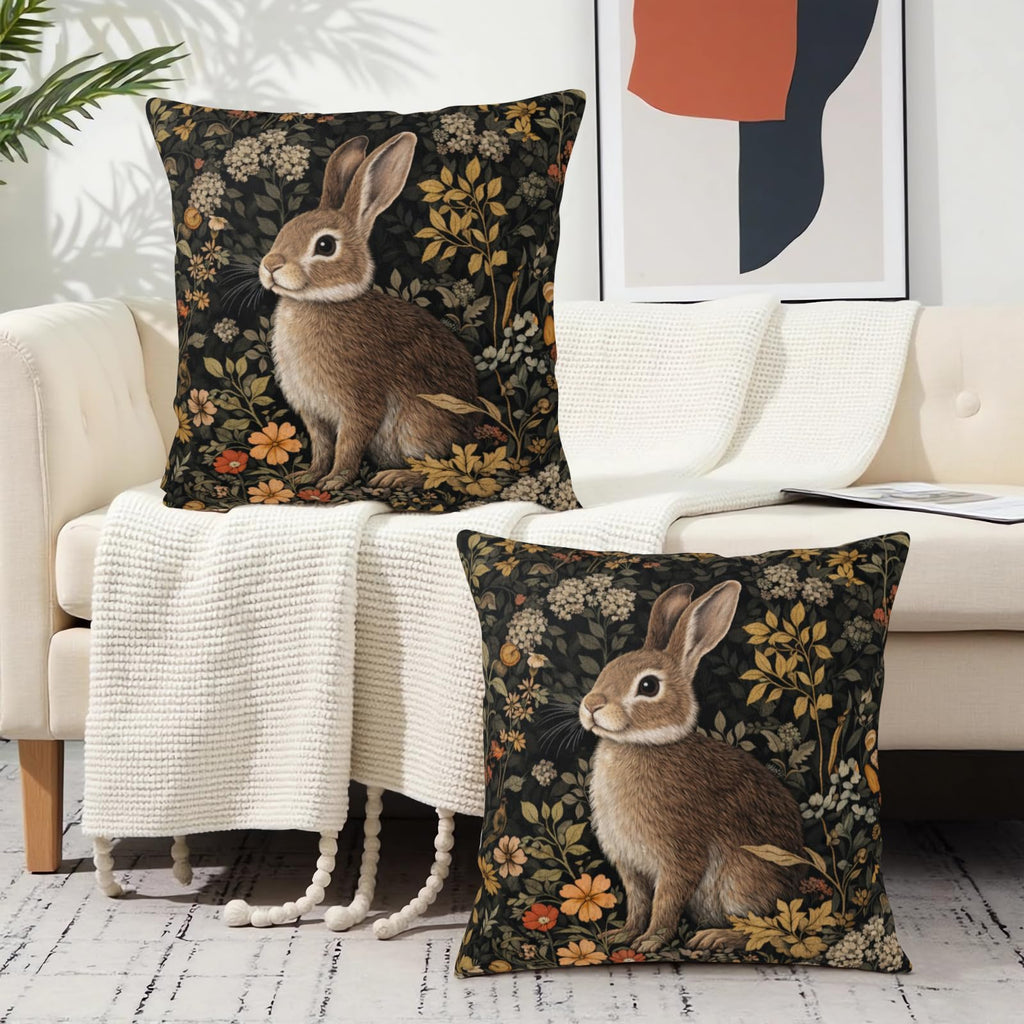 Vintage Easter Bunny Pillow Covers 18x18 Set of 2 Rustic Botanical Plants Floral Rabbit Throw Pillow Cases Spring