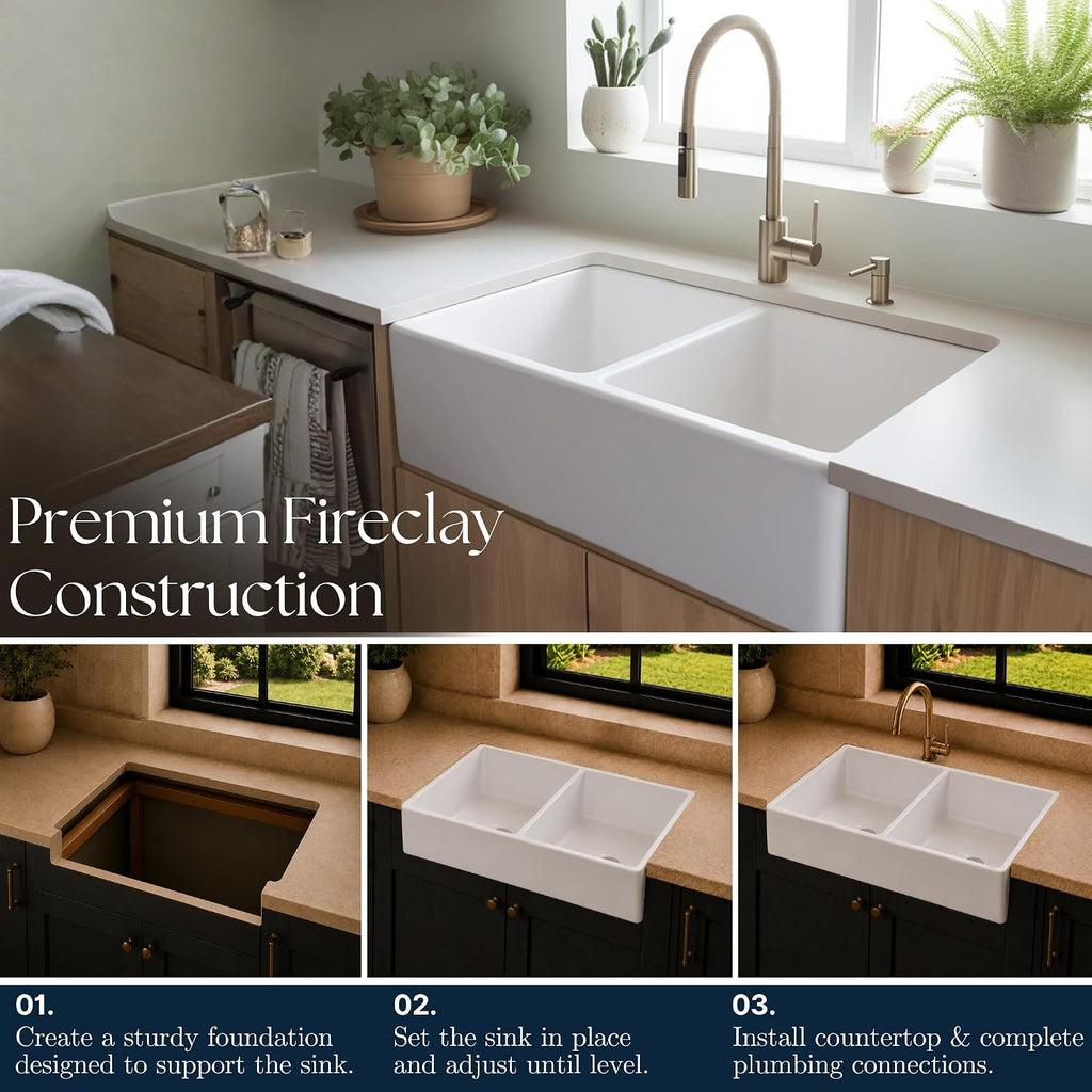 Turner 33 in White Fireclay Farmhouse Sink, Double Bowl | SureFire chip-resistant glaze, apron front undermount
